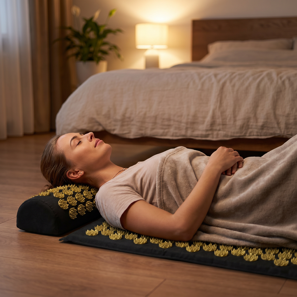 Person relaxing on the acupressure mat with pillow during an evening wind-down