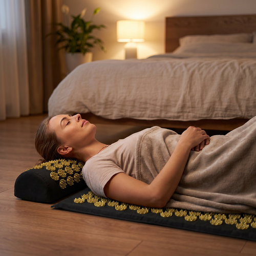 Person relaxing on the acupressure mat with pillow during an evening wind-down