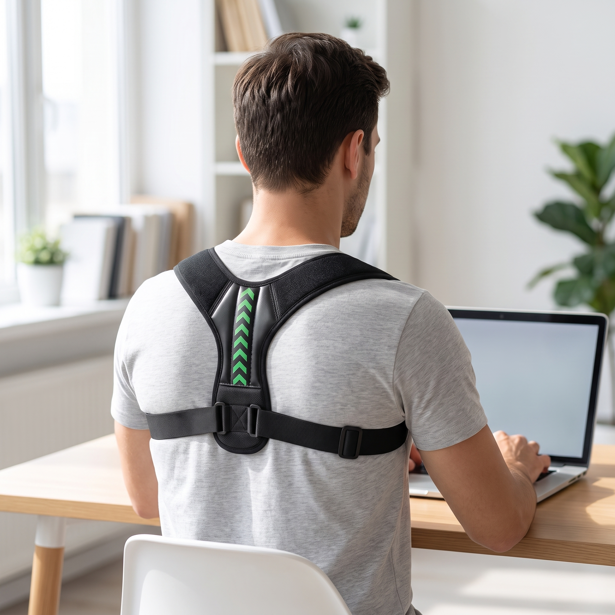 Person wearing the posture corrector belt while working at a desk