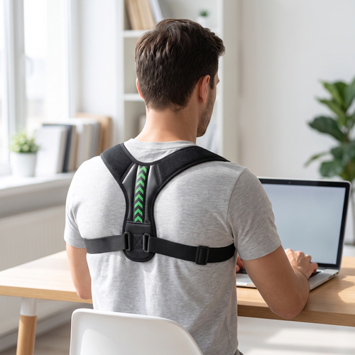 Person wearing the posture corrector belt while working at a desk