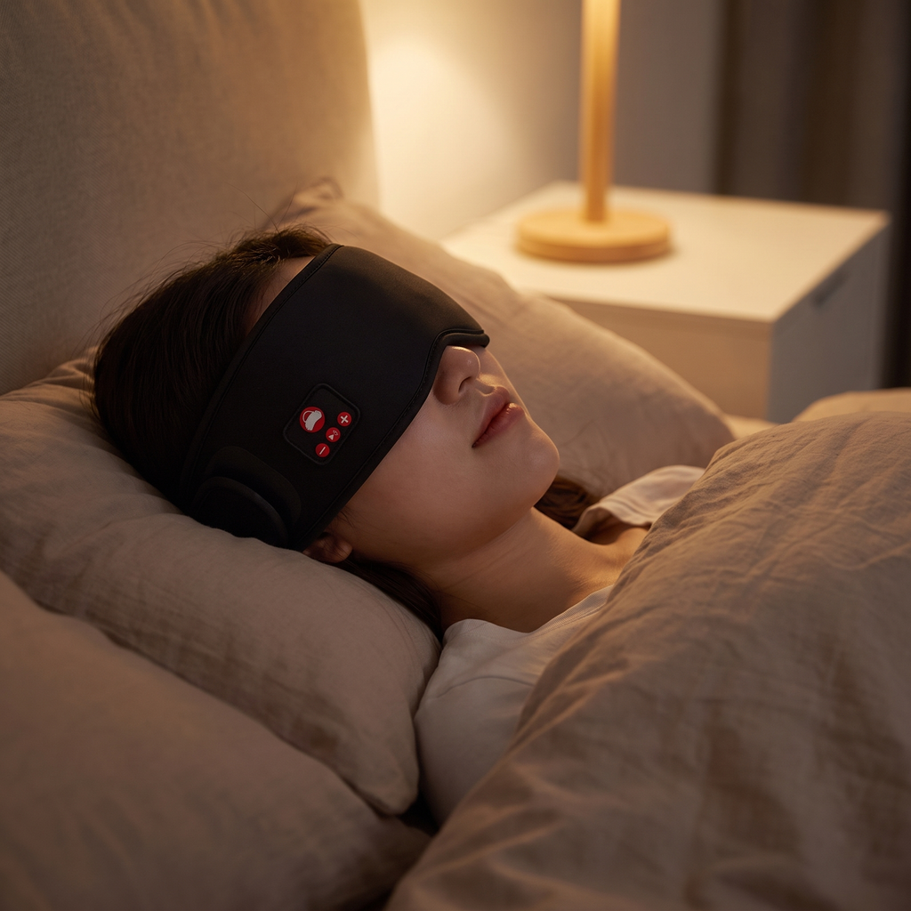 Person wearing the Bluetooth sleep mask while relaxing in bed