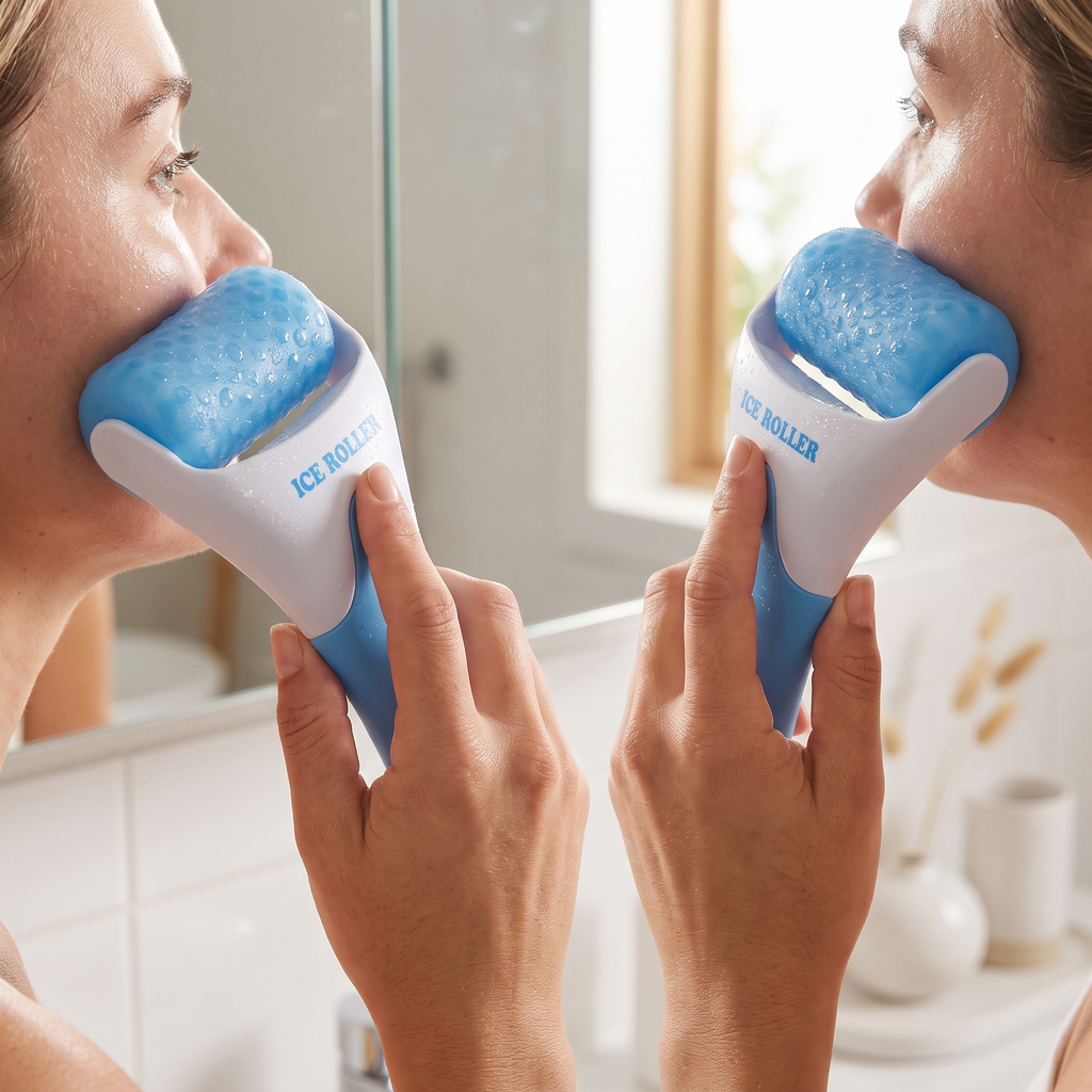 Person using the cooling ice face roller during a morning skincare routine