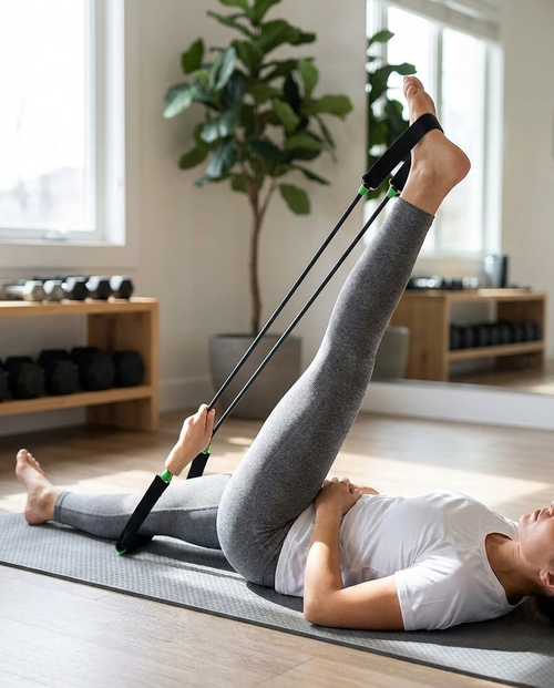 Person stretching with the 5-piece resistance band set