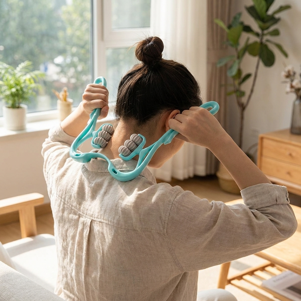 Six-wheel manual massage roller in use on neck and back