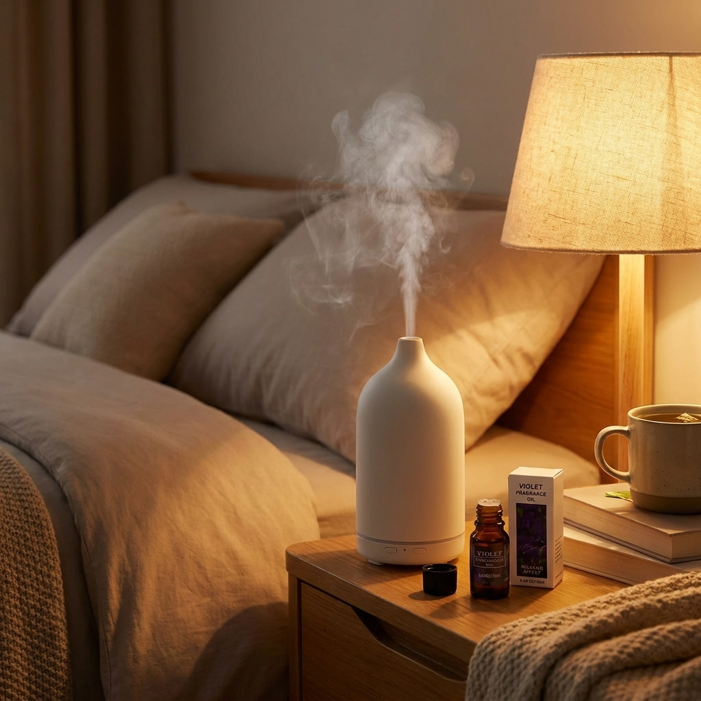 Aromatherapy essential oil diffuser in use on nightstand