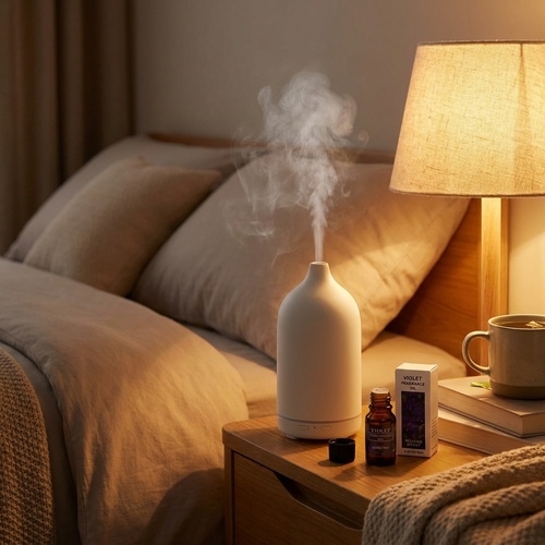Aromatherapy essential oil diffuser in use on nightstand