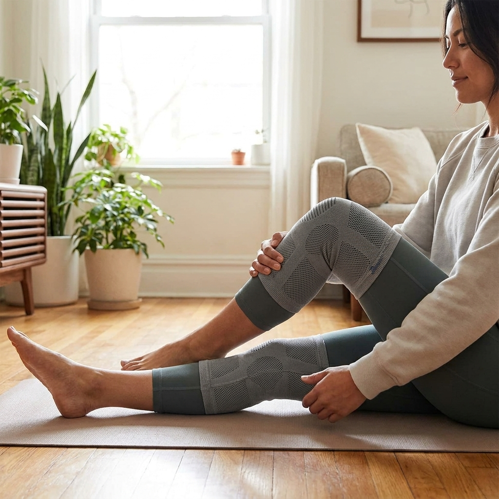 Compression knit knee sleeves in use