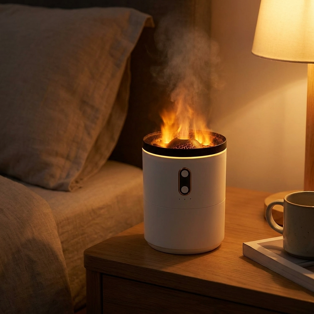 Flame effect aromatherapy diffuser and night light in use